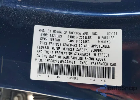 2015 Honda Accord Sport из США, поврежденный, VIN 1HGCR2F55FA253594